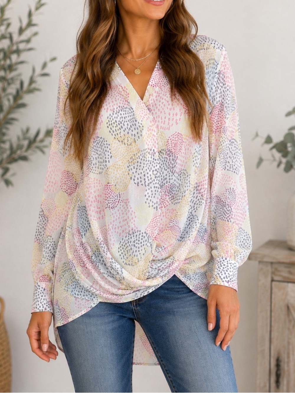 A.n.a blouse features a pastel abstract dash print w/ draped twist front
